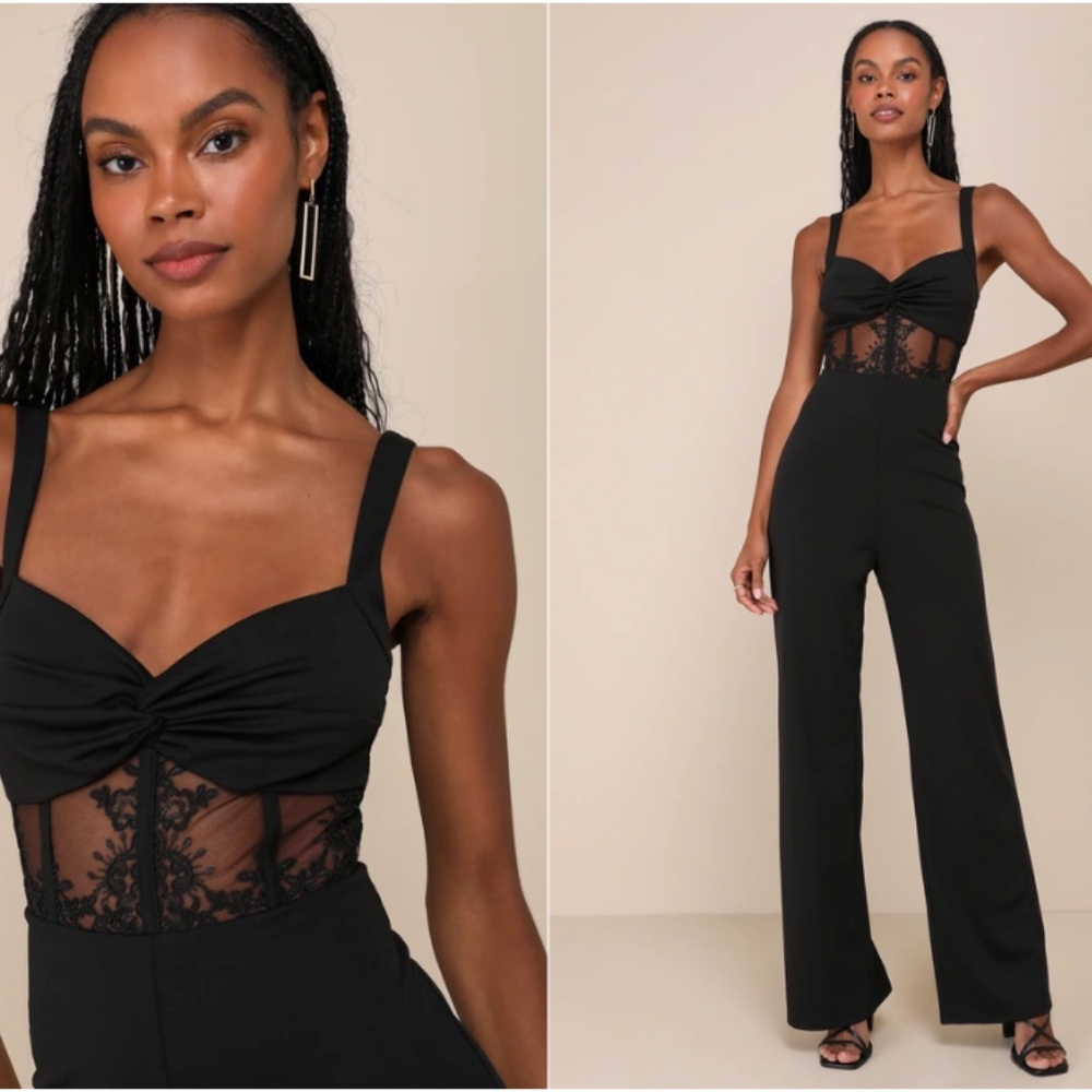 Lulu's Black Lace-Detail Wide-Leg Jumpsuit